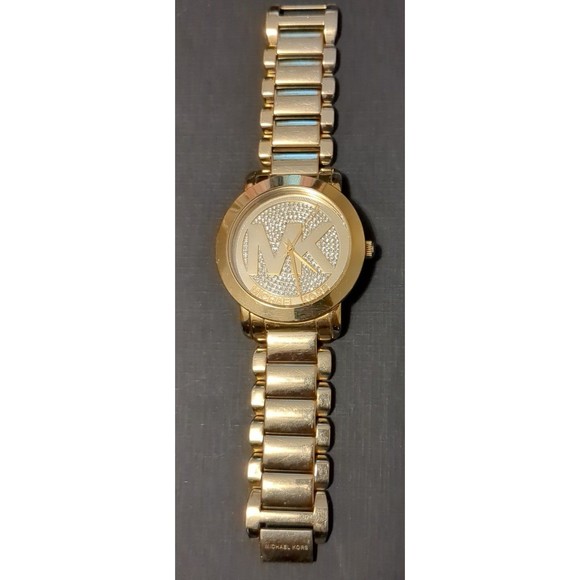 MK3462 Michael Kors Runway MK Logo Glitz Gold Tone Steel Watch 45mm - Picture 2 of 4